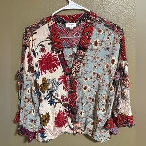 Umgee Multicolor Floral Patchwork Garden Party Blouse Sz M